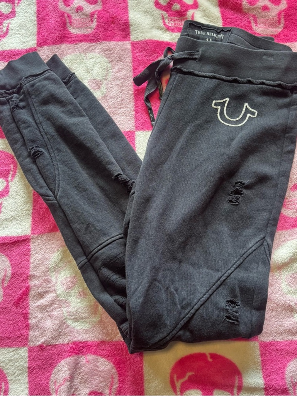 True Religion Black Distressed Jogger Sweatpants